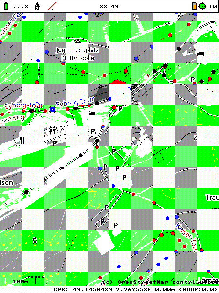 The map screen of the WanderNavi: OpenStreetMap map in seven colors with the hiking track as red dots, the position marker in blue, and the status bar with battery, north arrow, time, SD card and GPS fix.